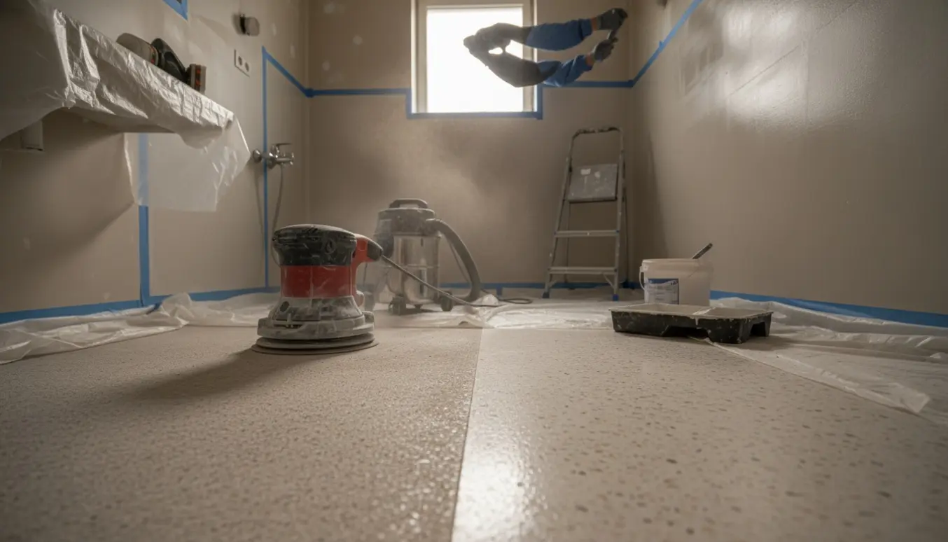 Slibning af terrazzo-gulv og maling af vægge i et lille vådrum med slibemaskine og malerulle.