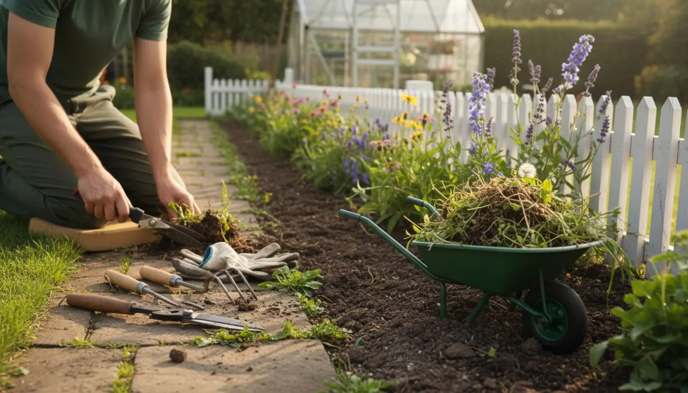 Hænder luger ukrudt og klipper kanter ved et staudebed med drivhus i baggrunden.
