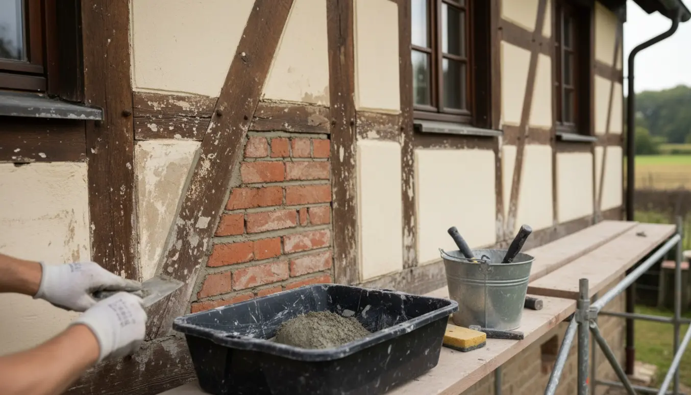Murer udbedrer vandskadet bindingsværk og pudser omkring et nyindsat vindue.