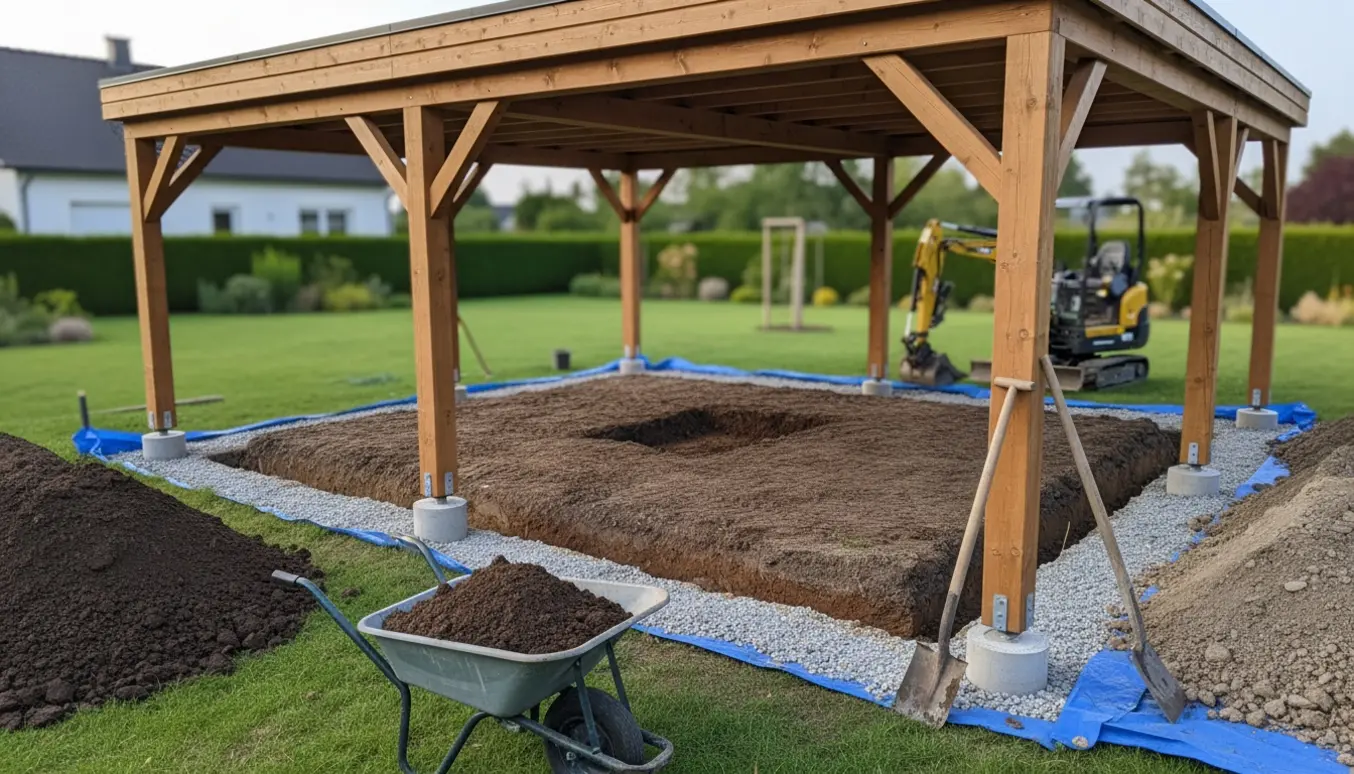 Fritstående carport midt i udgravning med render, trillebør og skovle, klar til bortkørsel af jord.