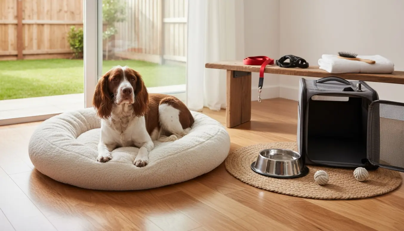 En Springer Spaniel hygger sig i en lys stue hos en hundepasser med hundeseng, vandskål og legetøj.