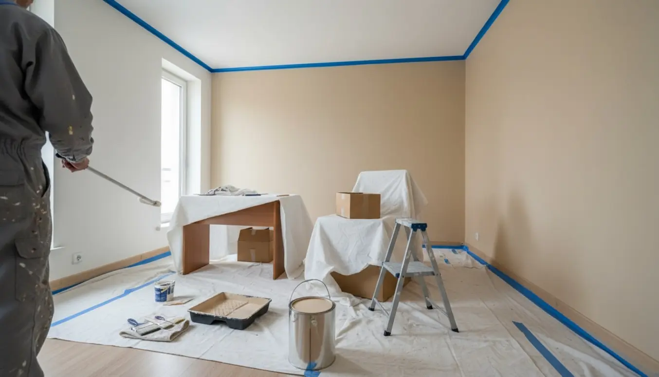 Et ryddet 25 m² kontor hvor en maler ruller neutral maling på væggene, mens loftet og møbler er beskyttet.