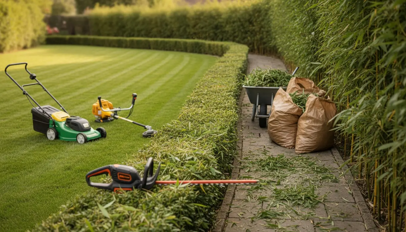 Nyklippet græs og nysnittet bambushæk med haveredskaber og fyldt trillebør klar til bortskaffelse.