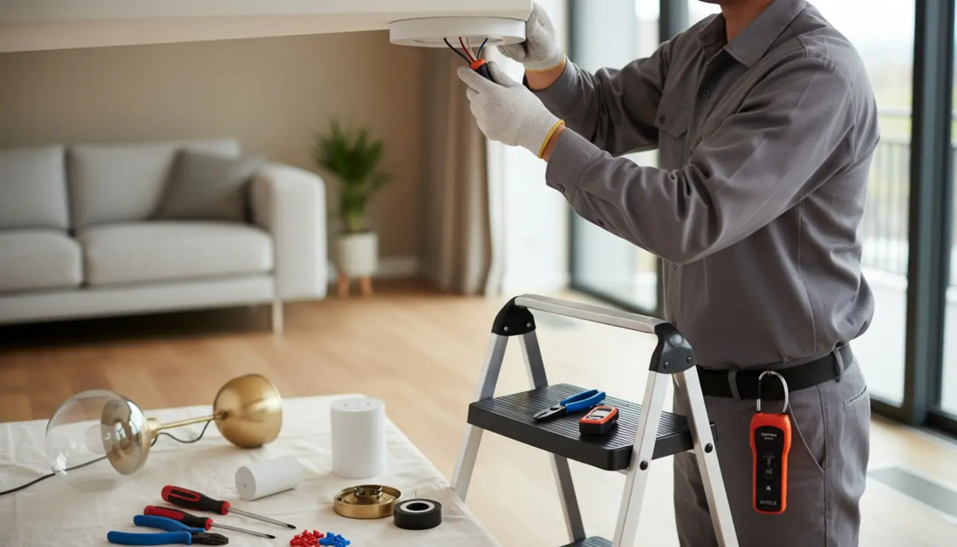 Hænder på en stige udskifter en loftlampe med værktøj og udskiftede armaturer ved siden af.