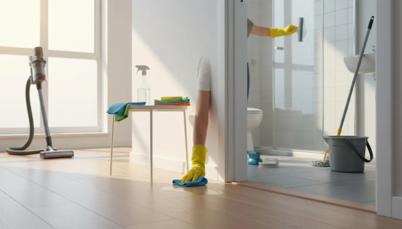 Rengøringsscene i lyst hjem med handske, støvsuger, moppe og pudsning af glas.