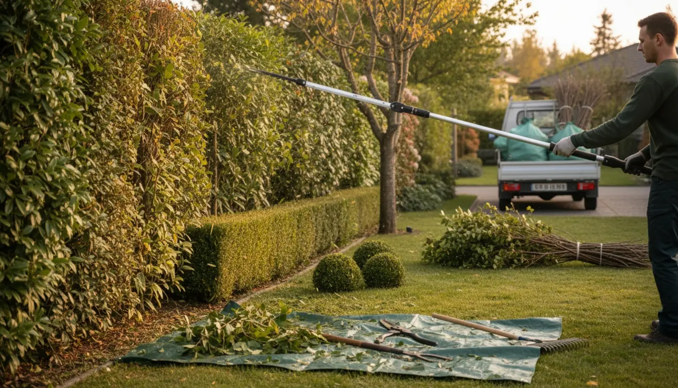 En havehæk under klipning med trimmer, bunker af afklip og en trailer klar til bortkørsel.