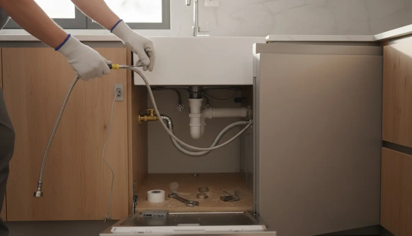 Opvaskemaskine skubbet på plads i køkkenskab mens håndværker forbinder vand, afløb og jordet strømstik.