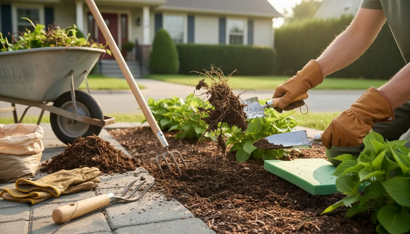 Nærbillede af hænder, der trækker ukrudt op fra et blomsterbed foran et velholdt parcelhus.