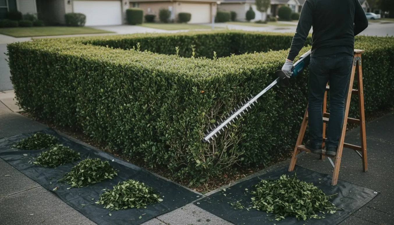 En håndværker trimmer en L-formet hæk på en hjørnegrund med friskt afklip samlet på en presenning.