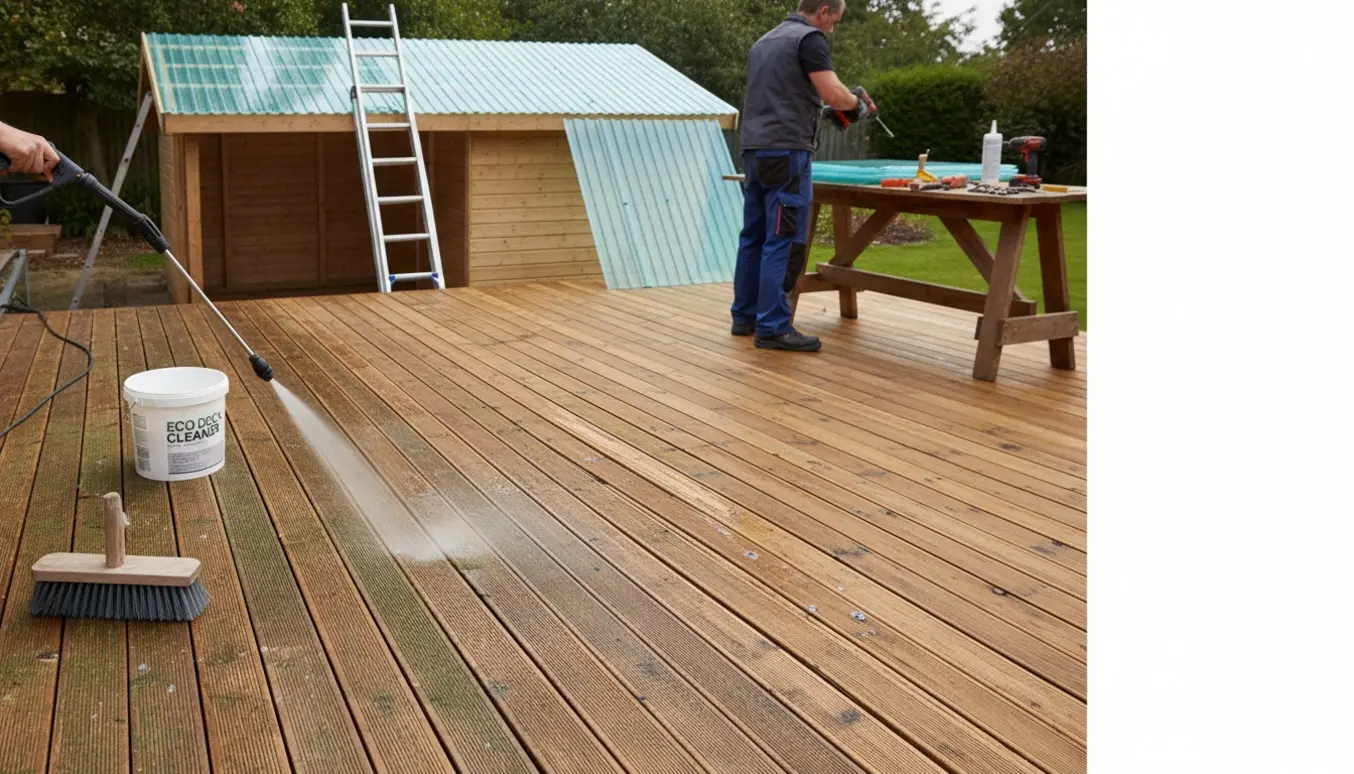 Træterrasse renses for alger, mens et nyt bølgeplasttag monteres på et skur.