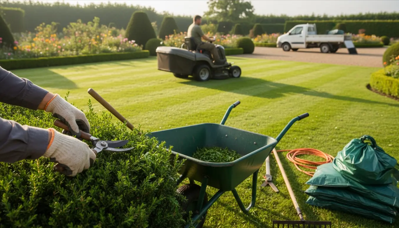 Stor have med græsslåning, beskæring af buske og en skottkærre fyldt med grønt affald klar til bortkørsel.