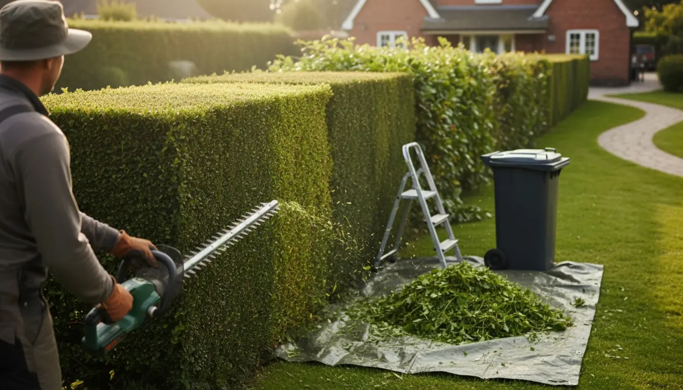 Havearbejder trimmer toppen og den ene side af en lang hæk med friske afklip og udstyr i forgrunden.