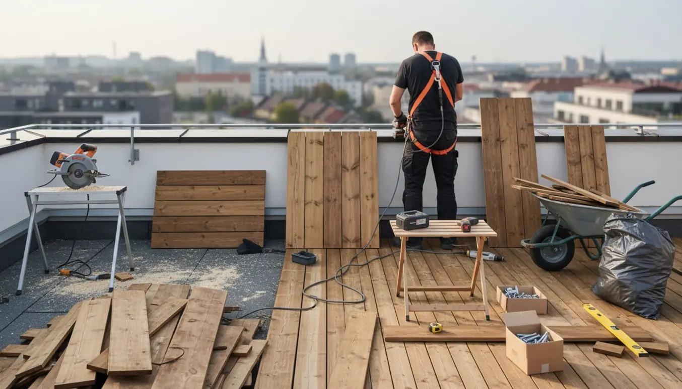 Tagterrasse på 6. sal med ny thermobehandlet fyr- og askbeklædning under montering og en bunke gamle brædder samlet til bortskaffelse.