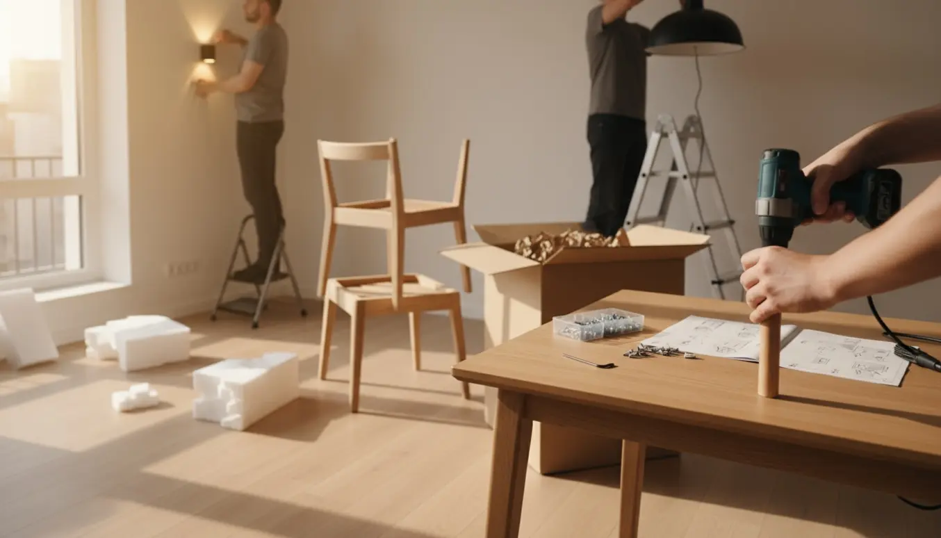 Nærbillede af hænder, der samler et lille spisebord og hænger lamper i et lyst, moderne hjem.