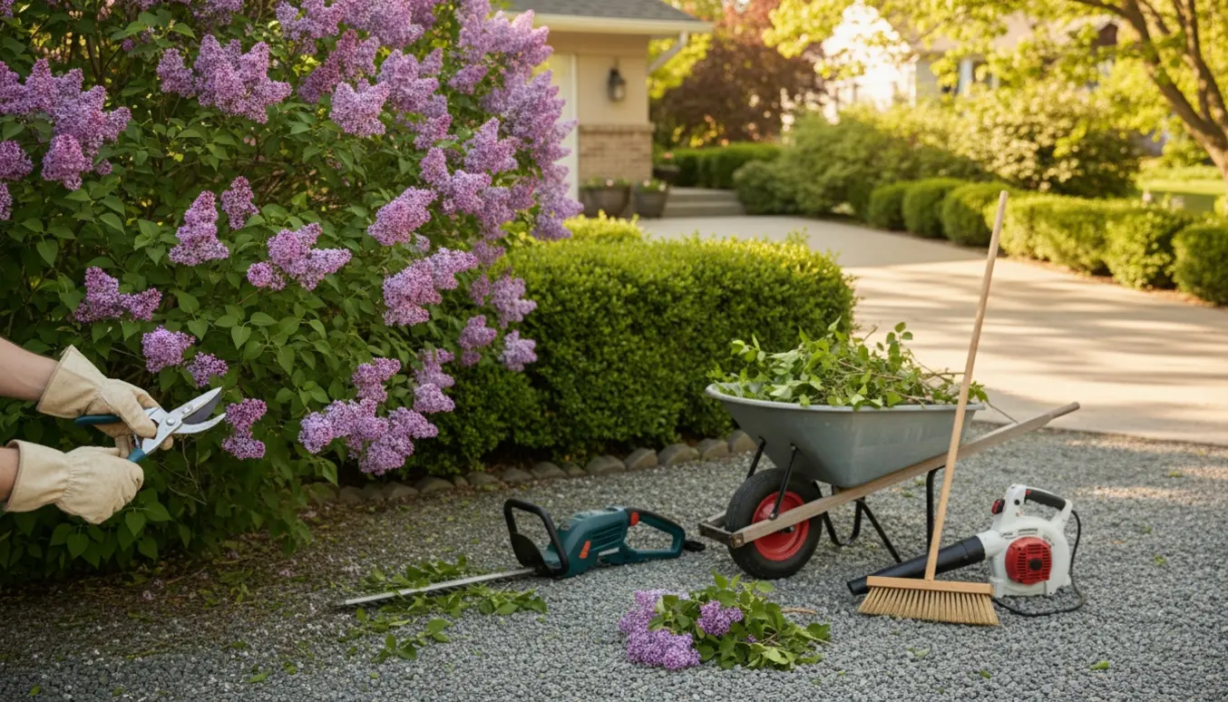 Nærbillede af hækklipning og beskæring af syren ved en ryddet indkørsel.