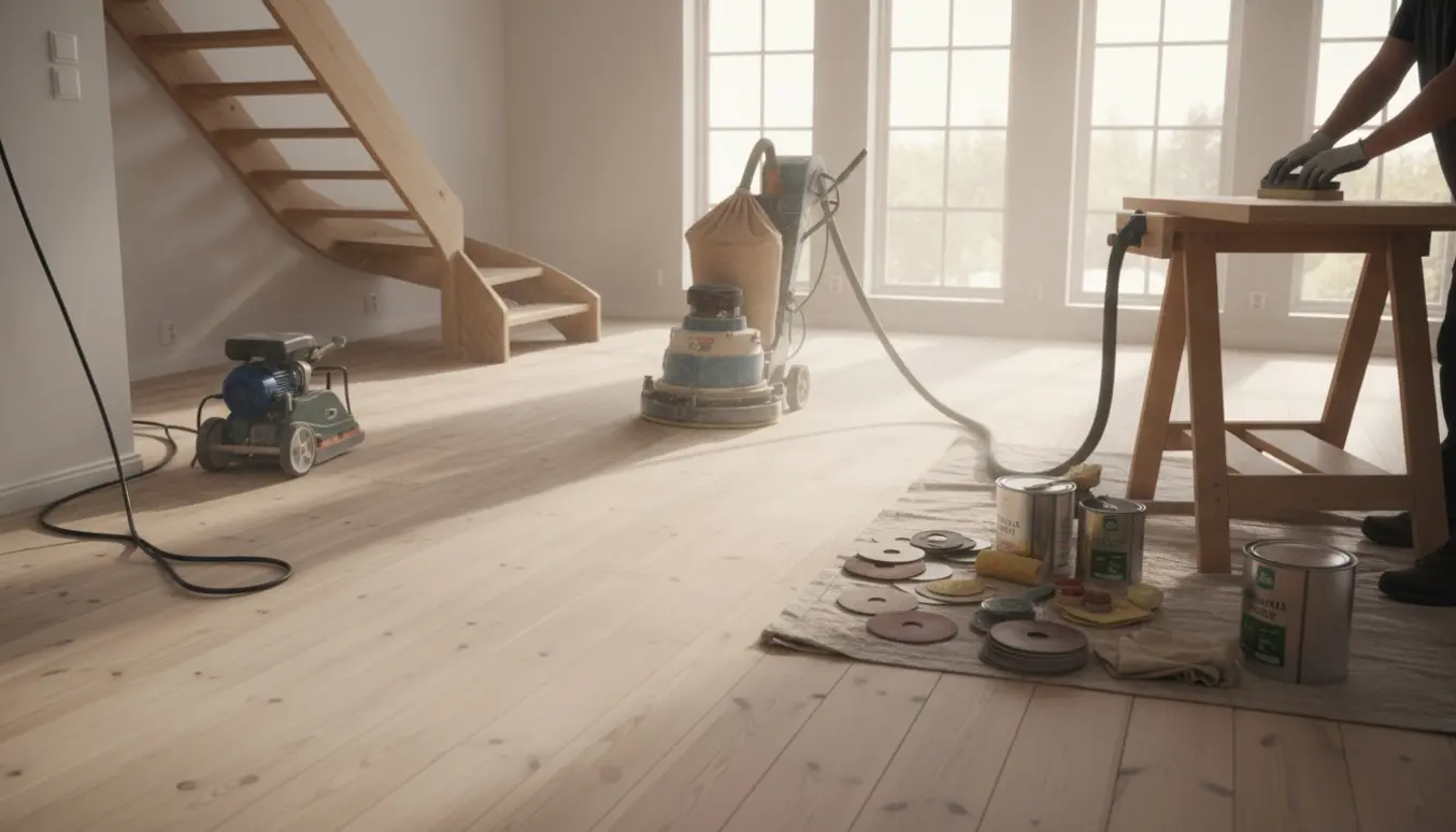 Fyrretræsgulv og køkkenbordplade i færd med slibning og behandling i et lyst, åbent hjem.