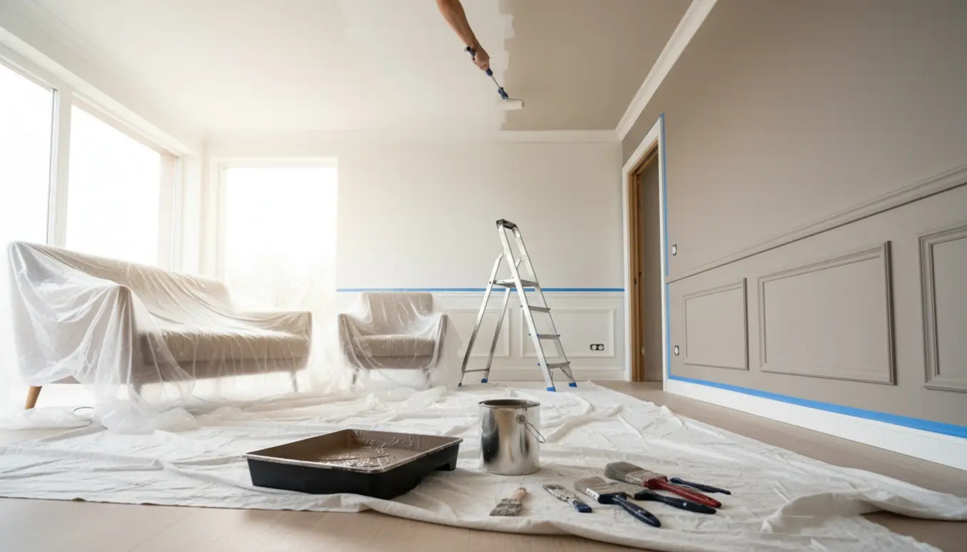 Hænder maler loft og væg i et lyst rum med malerværktøj, afdækning og nymalede karme.