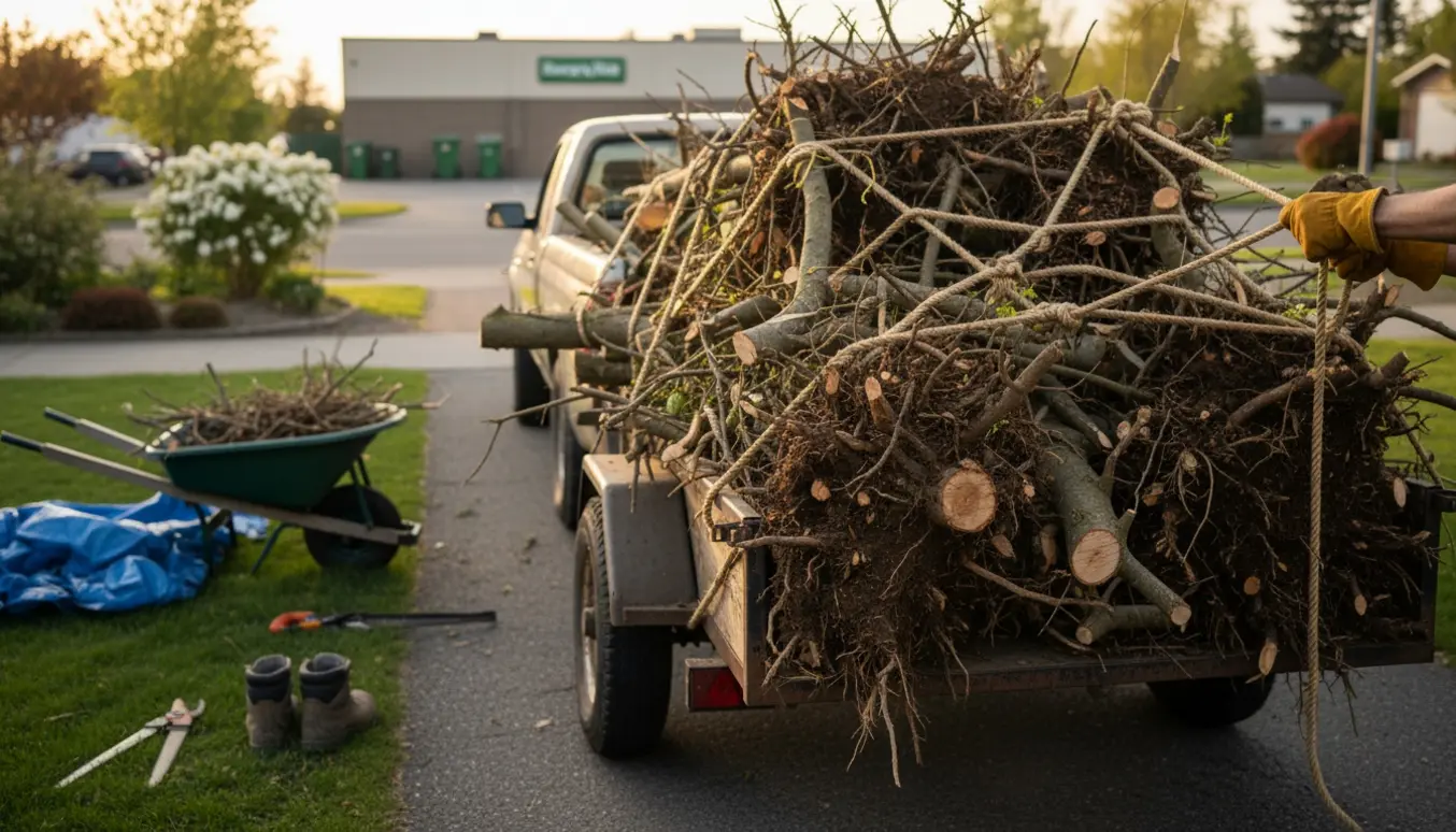 Trailer fyldt med nysavede grene og rødder, en person med handsker binder læsset klar til genbrugsstationen.