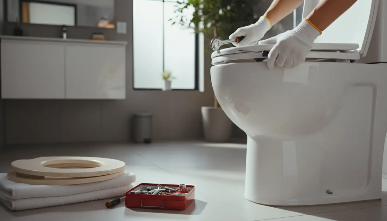 Hænder monterer et nyt toiletbræt med værktøj og det gamle bræt lagt til side i et lyst badeværelse.
