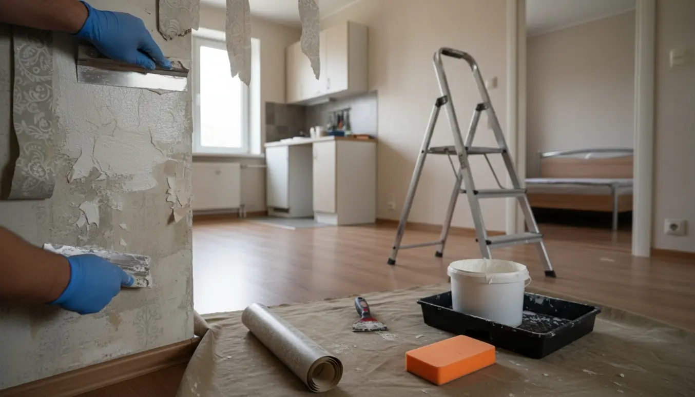 Hænder spartler væg efter fjernelse af tapet i en lille lejlighed med værktøj og afdækket gulv.