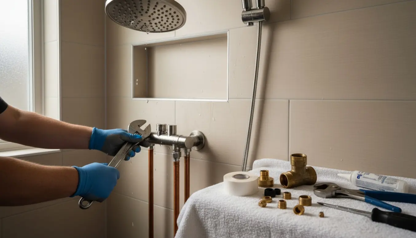 Afmontering af gammelt blandingsbatteri og montering af nyt termostatisk brusesystem i et moderne badeværelse.