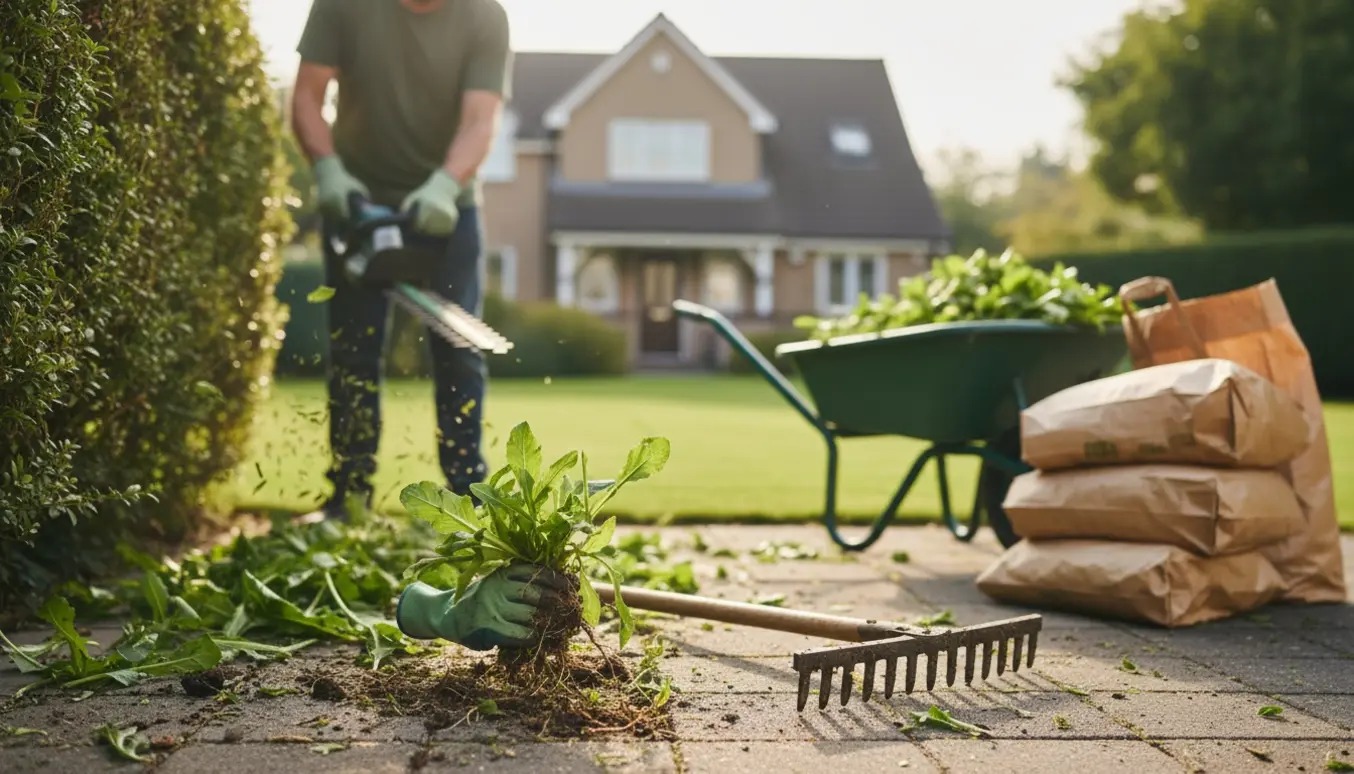 En person trimmer en almindelig hæk og fjerner ukrudt med trillebør og fyldte affaldssække i en forstadshave.