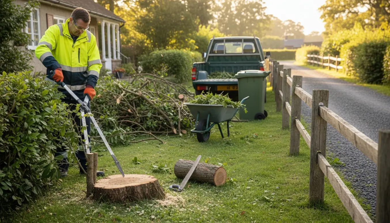 Person beskærer hække og fælder små træer ved et sommerhus med bunker af grene og en trillebør i baggrunden.