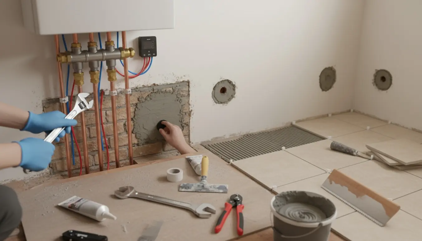 Renoveret bryggers med nye rør, tætning af afløb og nylagte fliser under VVS- og murerarbejde.