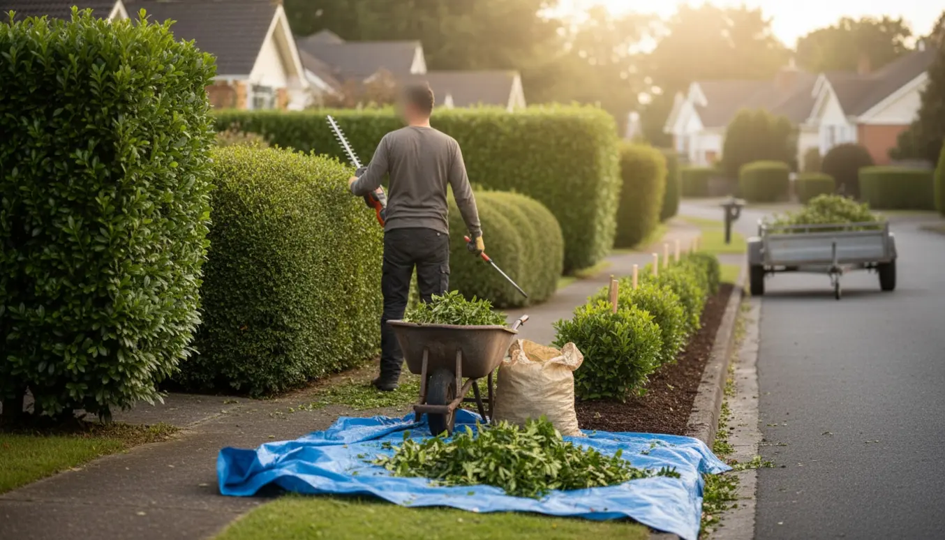 En gartner set bagfra klipper ligusterhække og samler afklip i en trillebør ved en villavej.