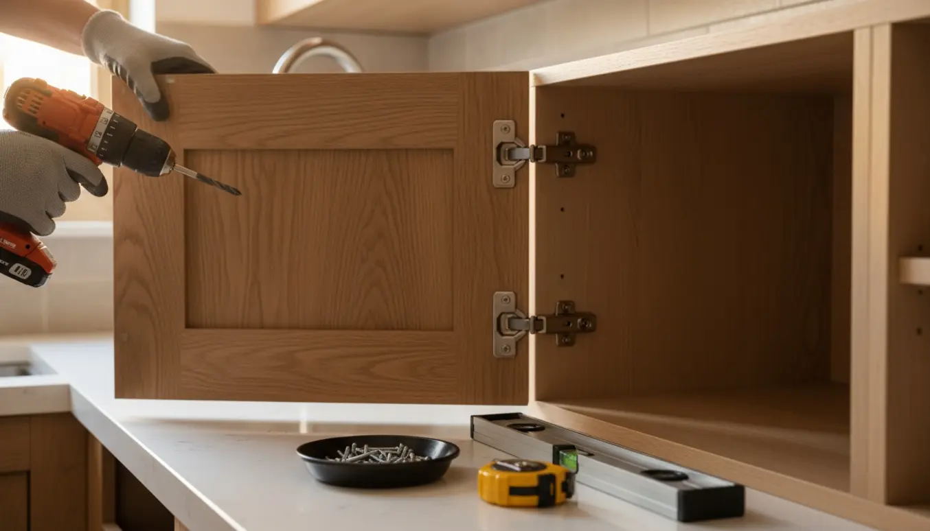 Hænder monterer to køkkenlåger med skruemaskine og hængsler i et lyst, moderne køkken.