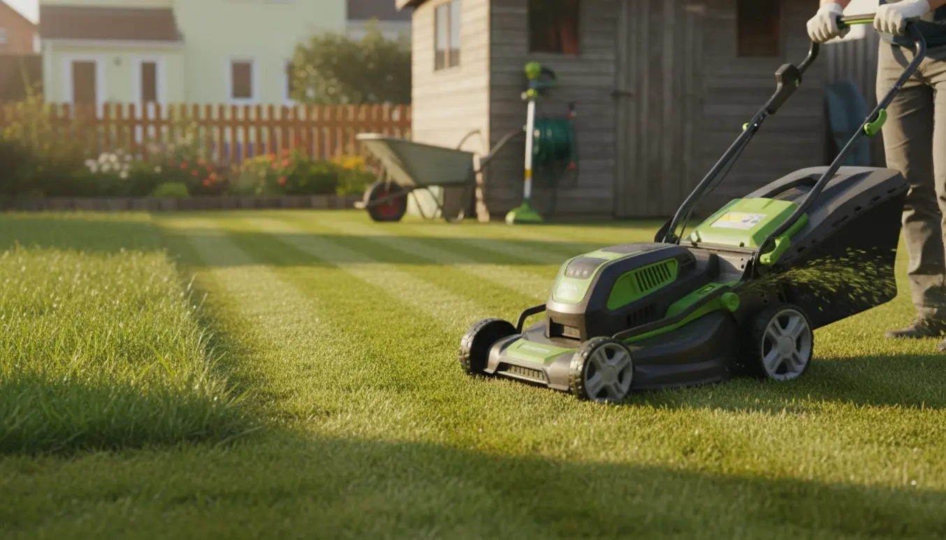 Moderne plæneklipper skaber rene striber på en velplejet forhave mens ejeren er beskåret uden ansigt.