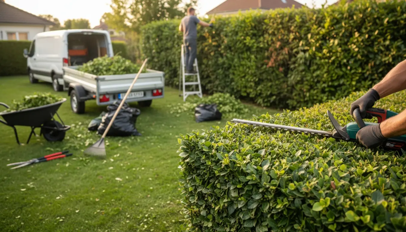 Liguster- og efeuhæk klippes i en baghave, afklippede grene samlet i en trailer.