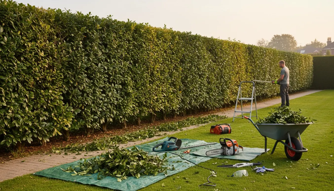 Nyklippet kirsebærlaurbærhæk med opsamlede afklip i trillebør og værktøj klar ved siden af.