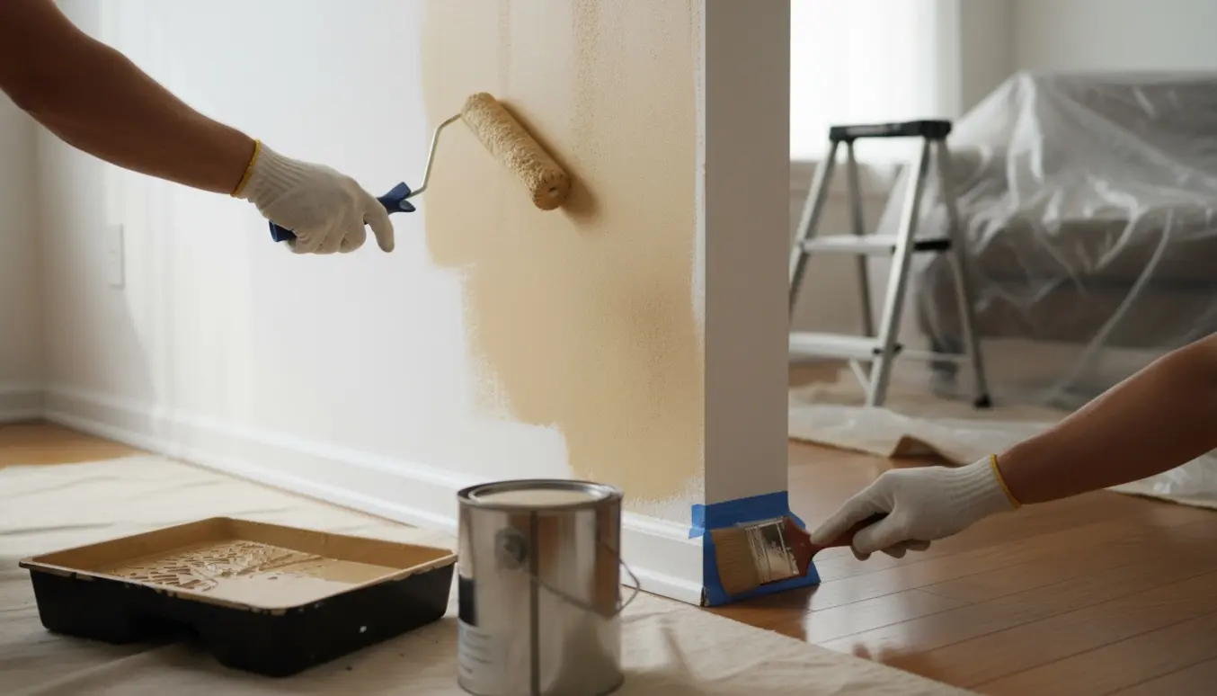 Nærbillede af en væg, hvor sandfarvet maling rulles på over en nyligt hvidmalet overflade med malerudstyr omkring.