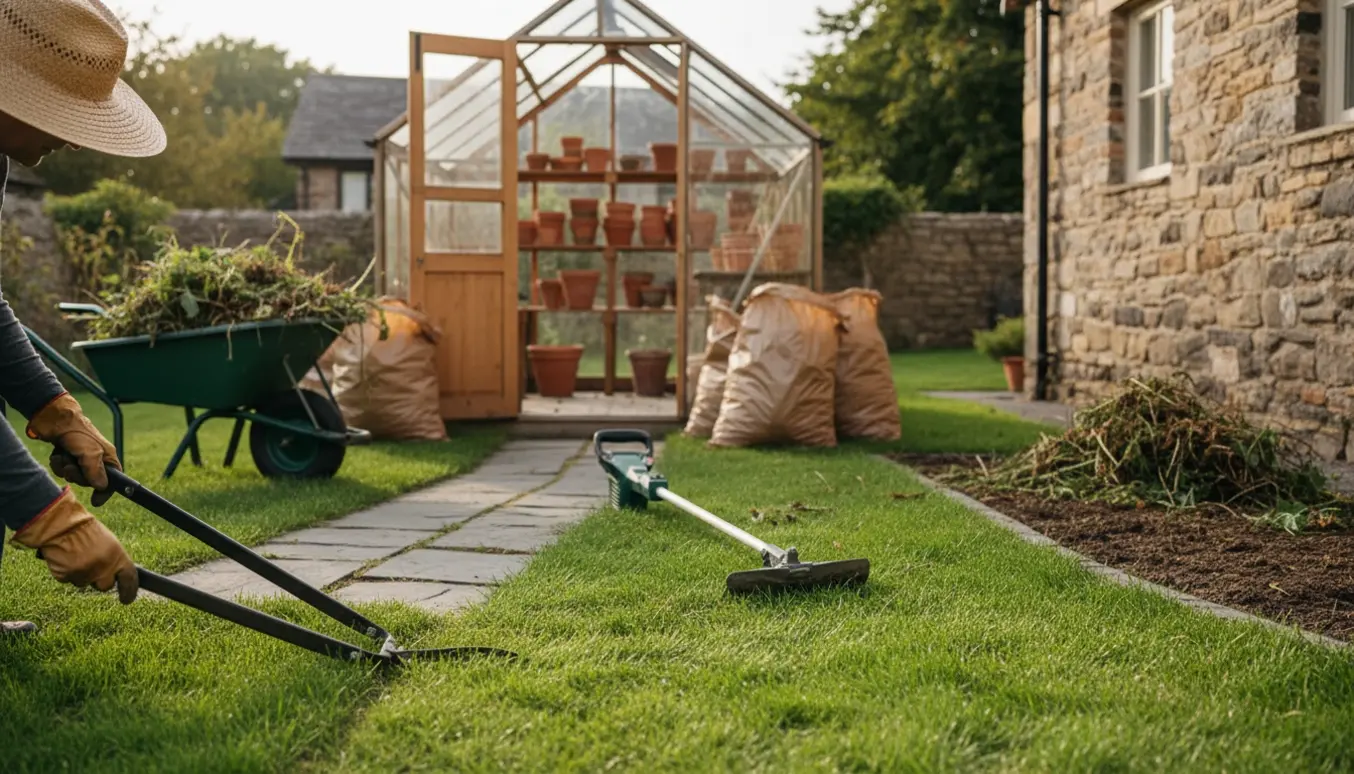 Nærbillede af græskanter, haveredskaber og et ryddet drivhus med trillebør fyldt med haveaffald.
