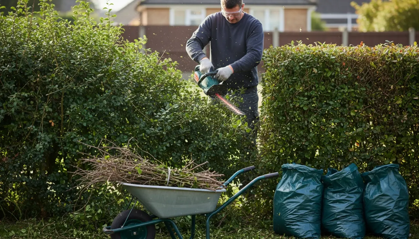 En person klipper en tæt tjørnehæk, mens afklippede grene samles i en trillebør og i bundter til bortskaffelse.