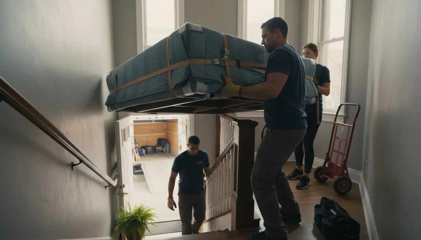 Flyttefolk bærer et stort dækket spisebord ned ad en opgang mod en ventende flyttevogn.