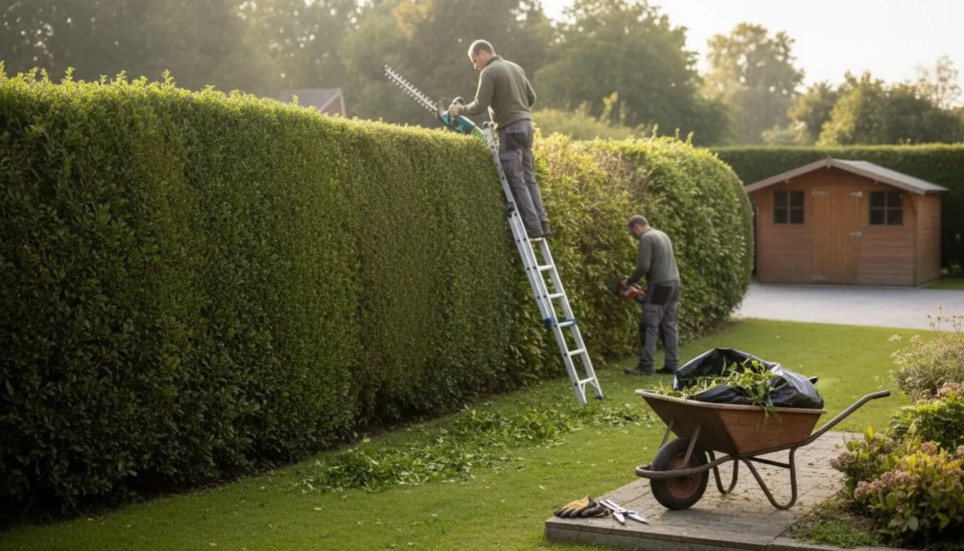 Professionel klipper en ca. 3 m høj og 25–30 m lang hæk med trimmer, affald i skovl og opsamlingspose.