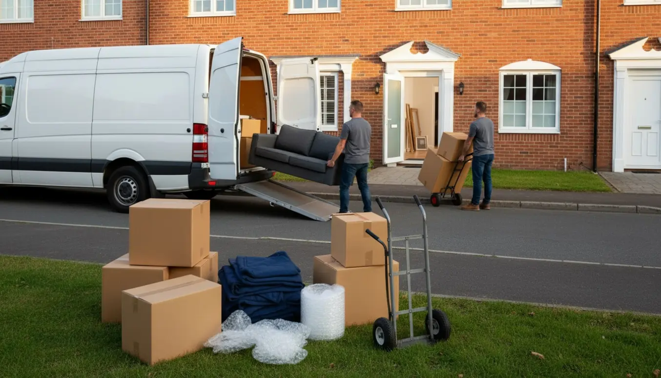 Flyttefolk bærer møbler og stabler kasser foran et rækkehus klar til flytning.