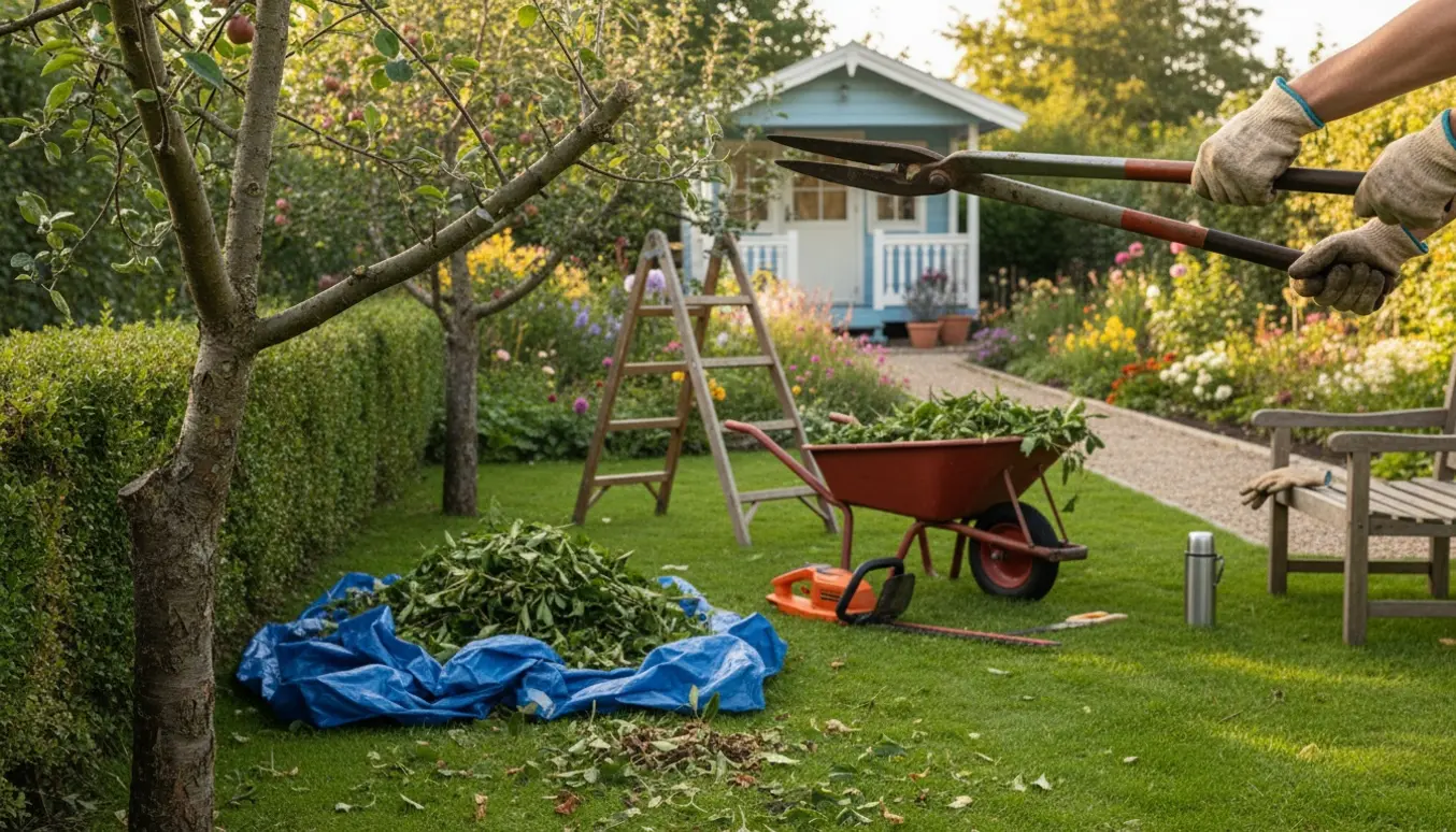 Have ved et sommerhus med beskårne træer og buske, trillebør og bunker af grønt affald.