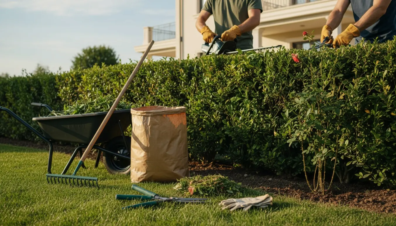 Person beskærer hæk og samler haveaffald i trillebør foran en villahave.
