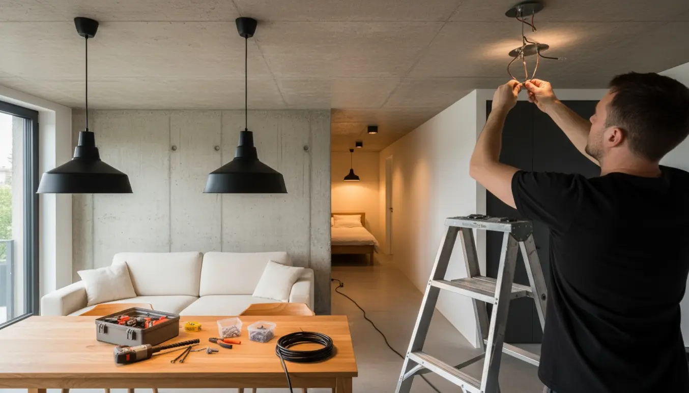 Elektriker monterer pendel over spisebord foran en synlig betonvæg med værktøj og oplyste loftslamper i baggrunden.