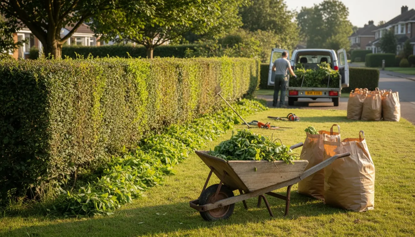 Nyklippede hækafklip læsses i trailer og sække i en villahave, med handskerede hænder synlige.