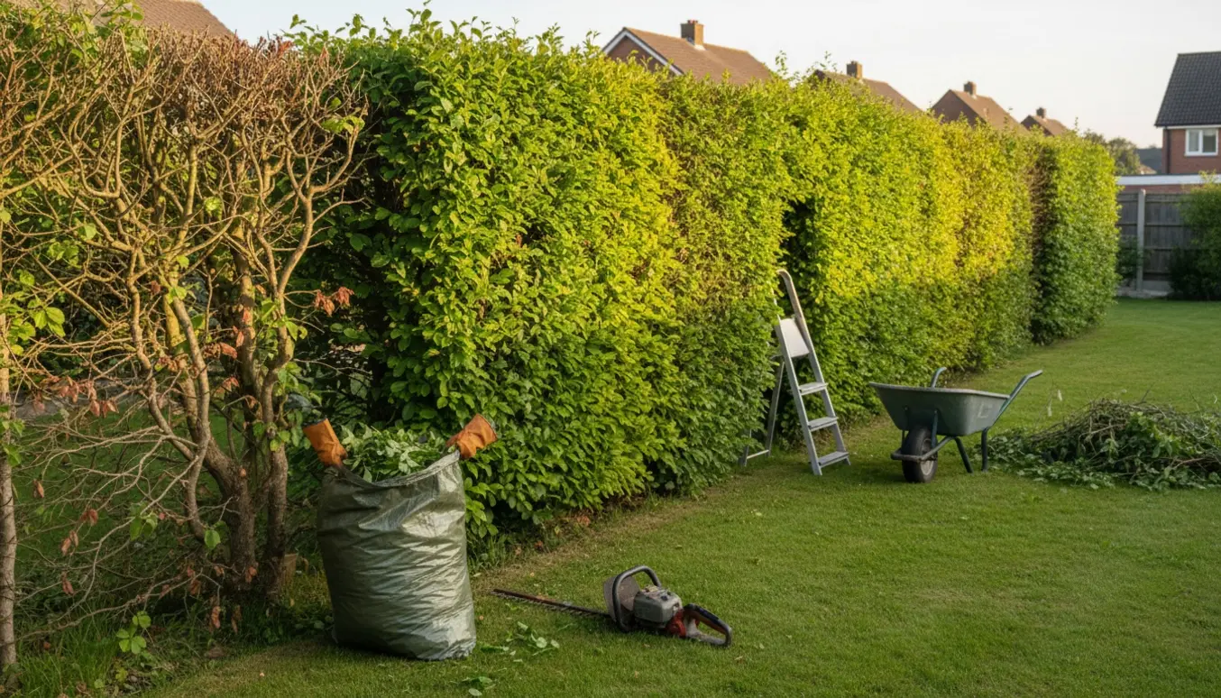 Lang bøgehæk i villahave, delvist nyslået med trappestige, ældre hækkeklipper og bunke af afklip klar til fjernelse.
