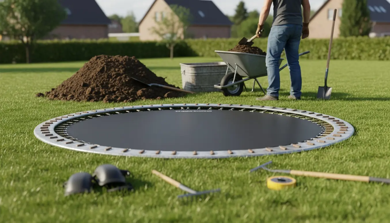 Halvnedsænket trampolin i en solrig have, med opgravet jord og en container til jordaffald.