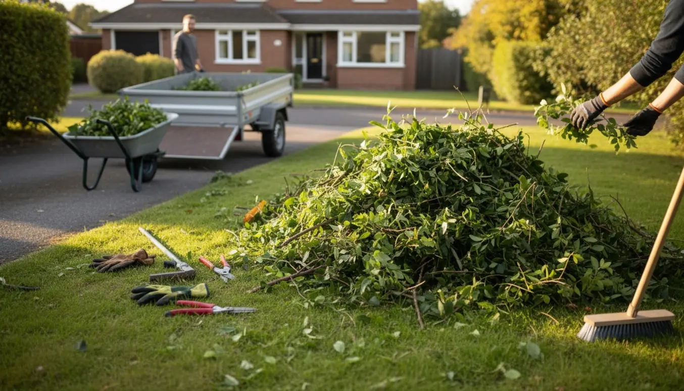 Løs bunke haveaffald ved indkørsel med trailer, trillebør og haveredskaber i varmt eftermiddagslys.