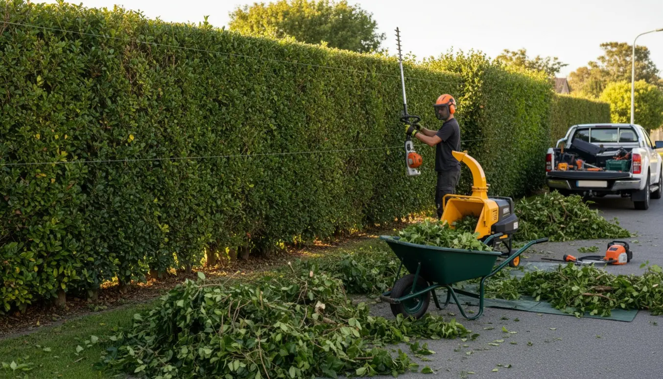 Professionel beskærer en 15 m lang kraftig hæk langs vejen med motorsakse, flishugger og bunker af afskårne grene.