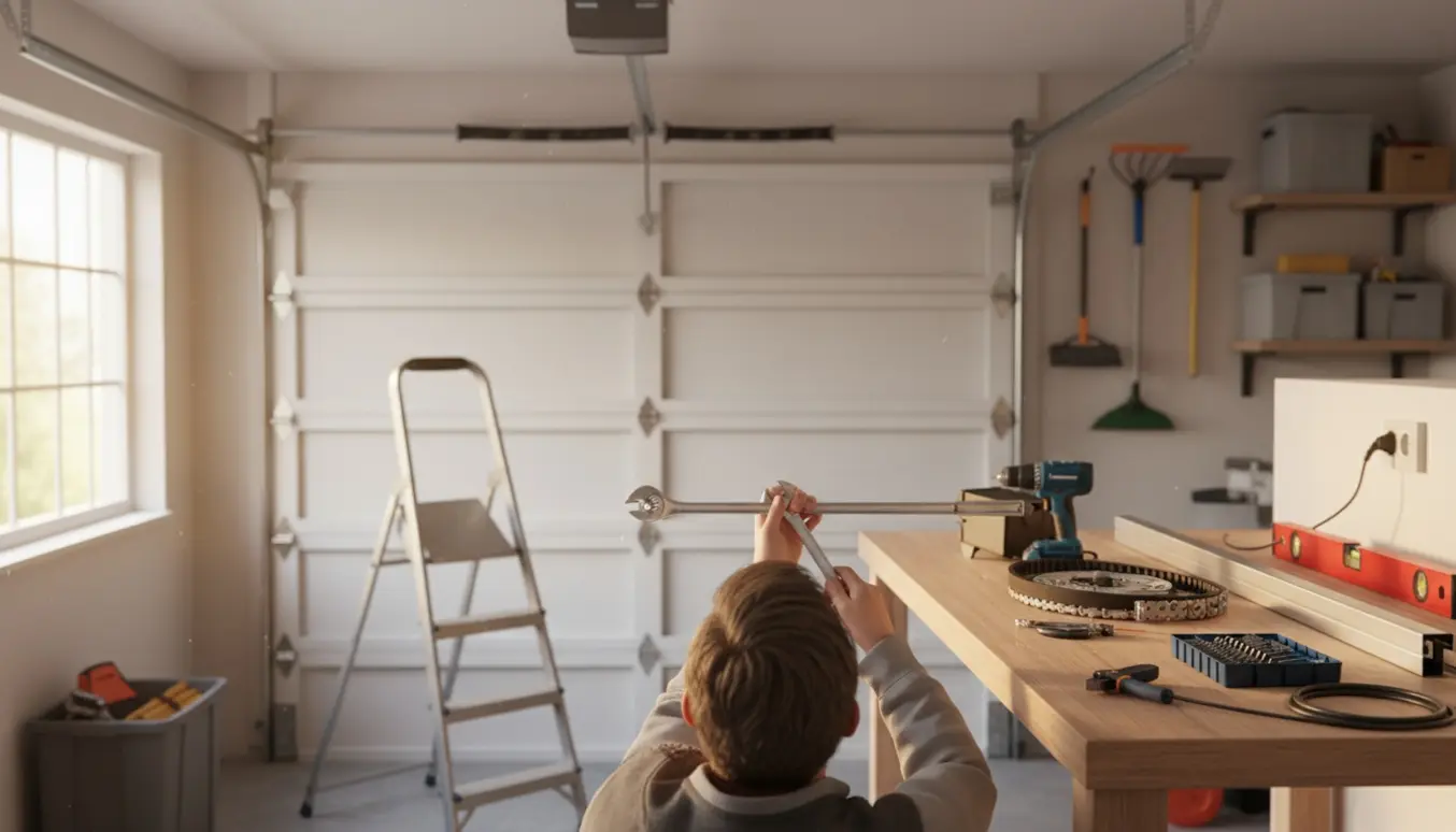 Installatør monterer automatisk åbner på en hvid træ vippegarageport med værktøj og motor på et arbejdsbord.