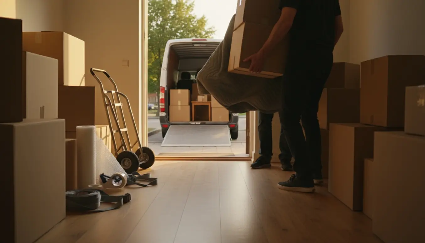 Flyttefolk bærer kasser og en indpakket lænestol gennem dørtærsklen i aftengyldent lys.