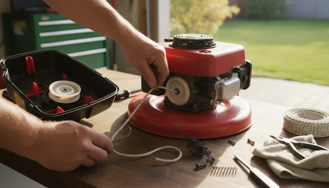 Nærbillede af hænder, der trækker et nyt startkabel på en plæneklipper med værktøj på en træbænk i et solrigt garage-/haveområde.